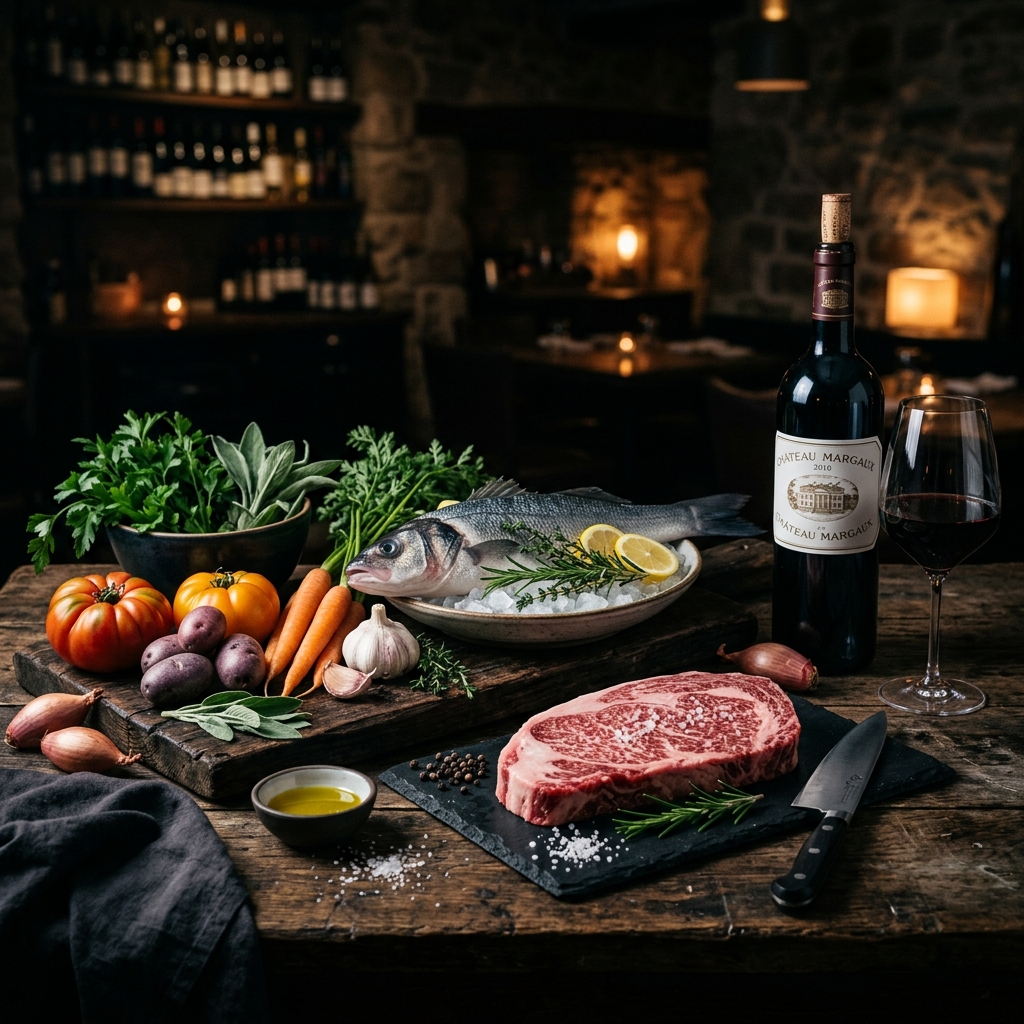 Bodegón con carnes, pescados, verduras y vino 39
