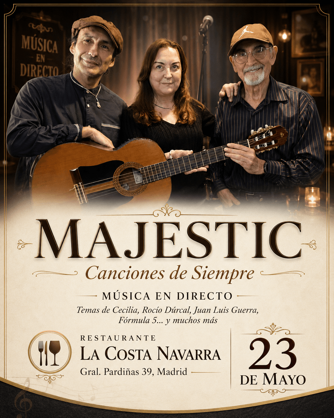 Cartel del evento musical Recuerdos de Siempre con Majestic en el asador La Costa Navarra, Madrid