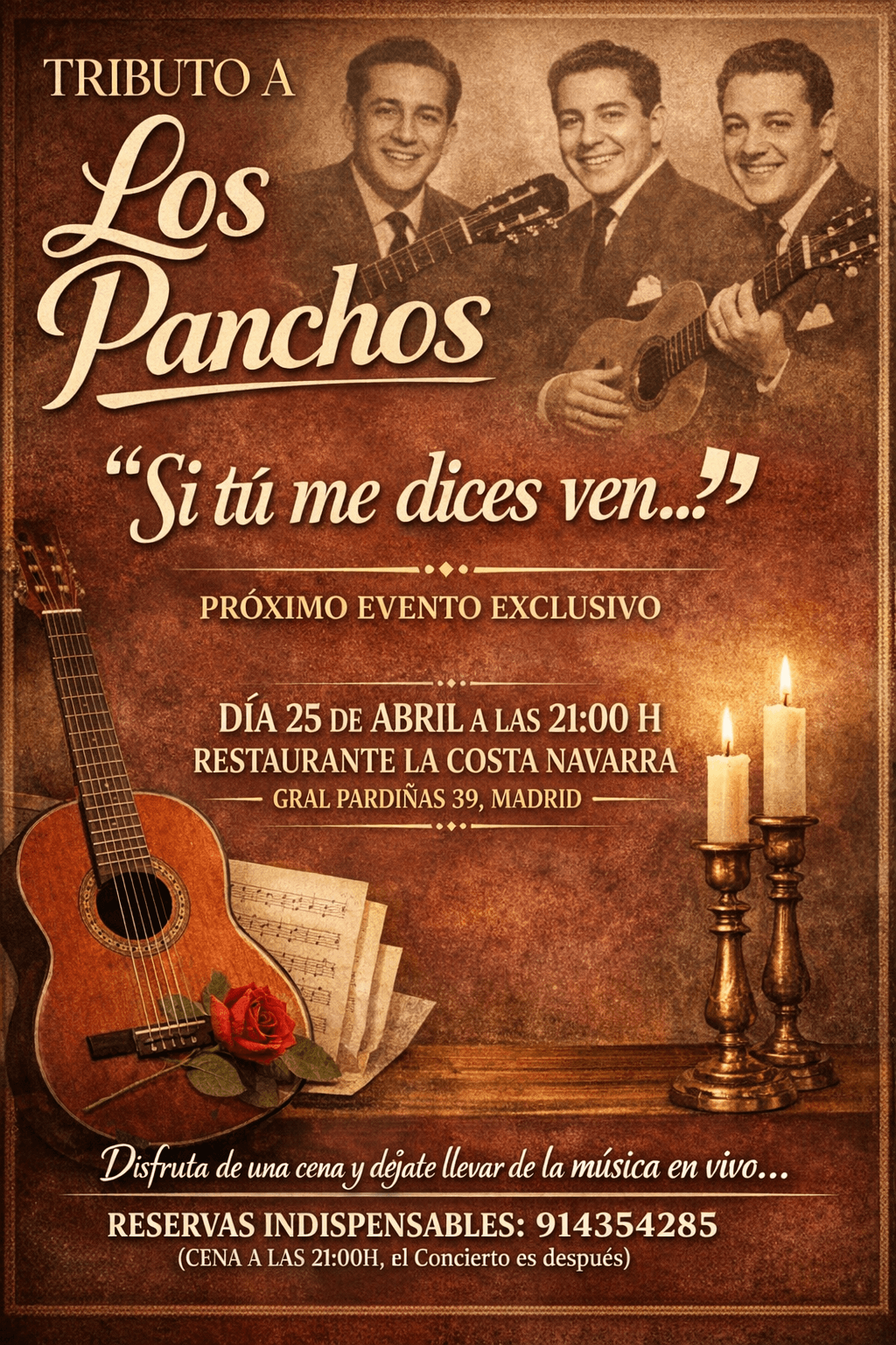 Cartel del evento musical Noche de Boleros & Brasa con Tributo a los Panchos en el asador La Costa Navarra, Madrid