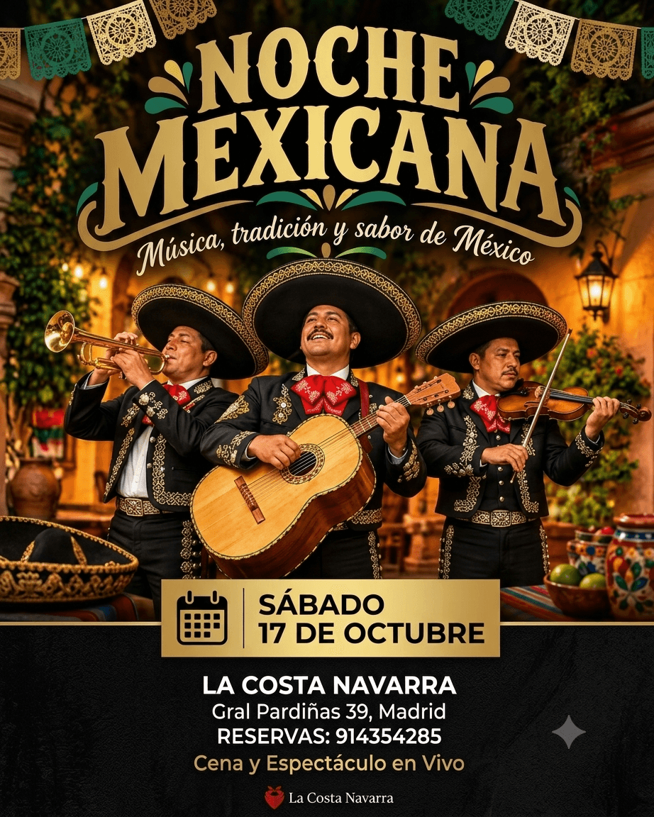 Cartel del evento musical Gran Noche Mexicana & Brasa con Trío Mexicano en el asador La Costa Navarra, Madrid
