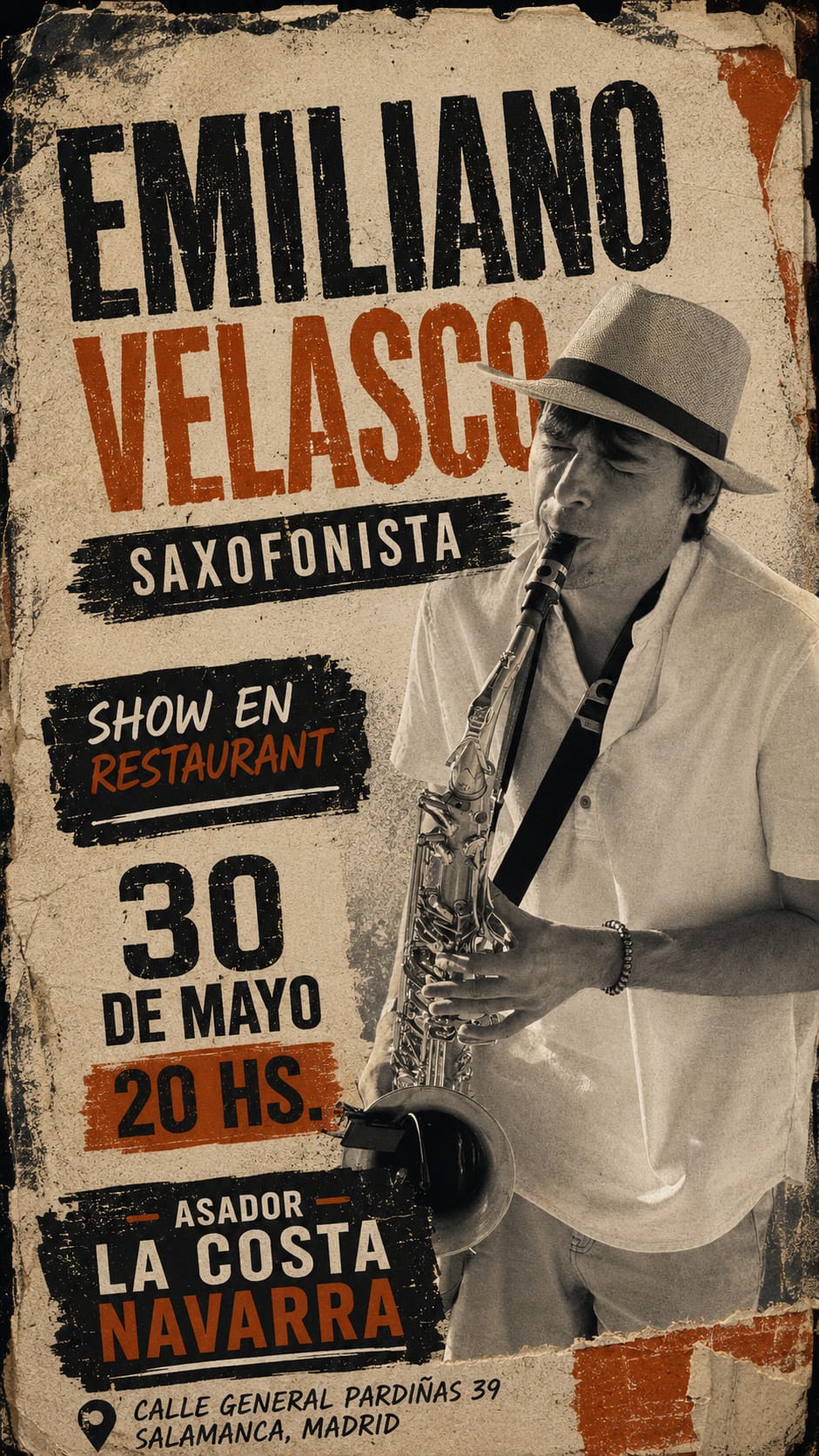 Cartel del evento musical Noche de Saxofón & Brasa con Emiliano Velasco en el asador La Costa Navarra, Madrid