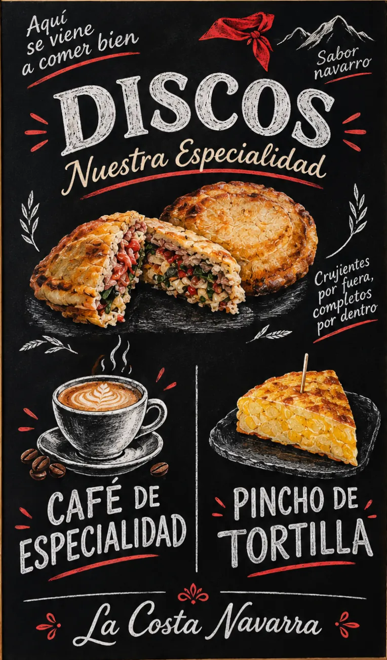 Pizarra artesanal de La Costa Navarra con nuestros desayunos y especialidades